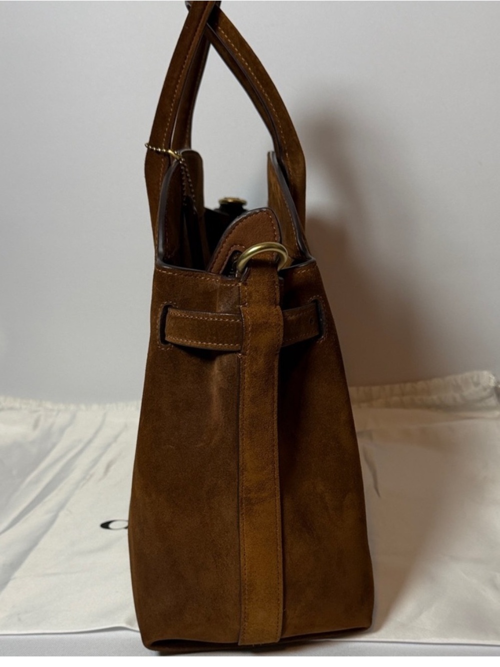 Coach Soft Empire Carryall Bag 40 in Brown Suede Satchel with Pearl Accent Strap - Picture 9 of 15